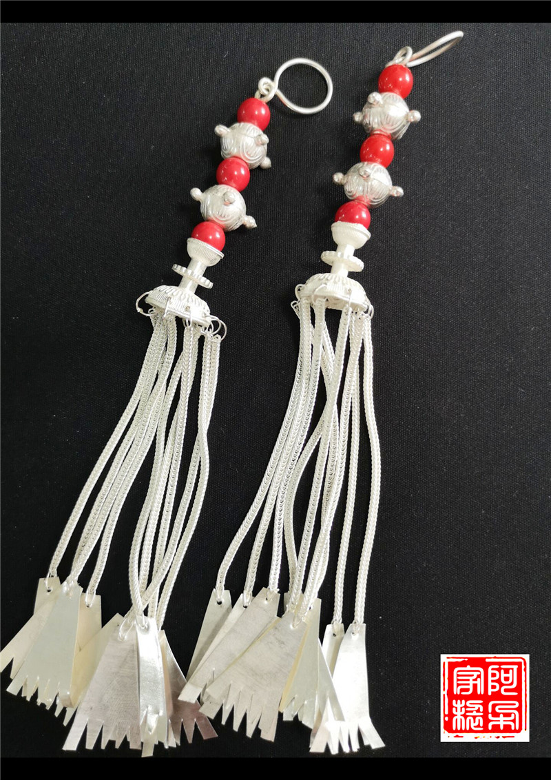 Liangshan Yi Nationality Sterling Silver Earrings Ladies Long Tassels Vintage Handmade Jewelry Bridal Dance Jewelry Red Lovers