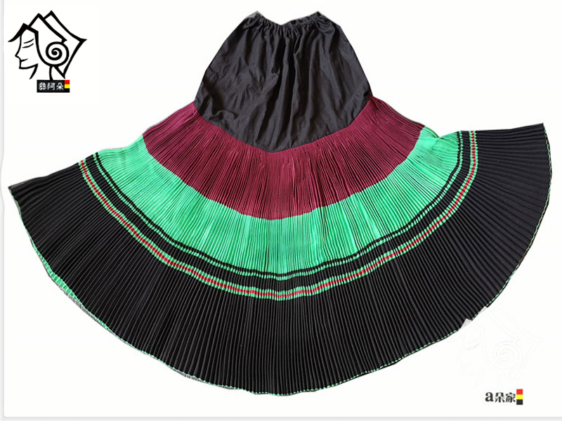 Cool Mountain Yi 100 Pleated Skirt Green Minority Traditional Dress Half Body Dress Cotton Numb Retro Dance Suit
