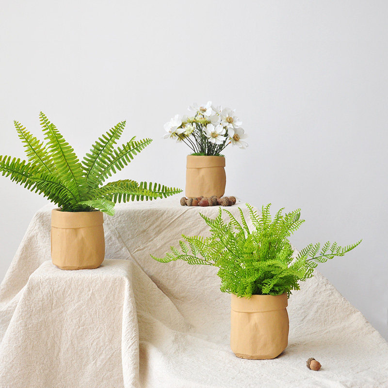 Nine Thoughts Simulation Plant Bonsai Imitation Kraft Paper Cement Flower Pot Fern Leaf Plant Nordic Wind Bionic Potted Plant art237
