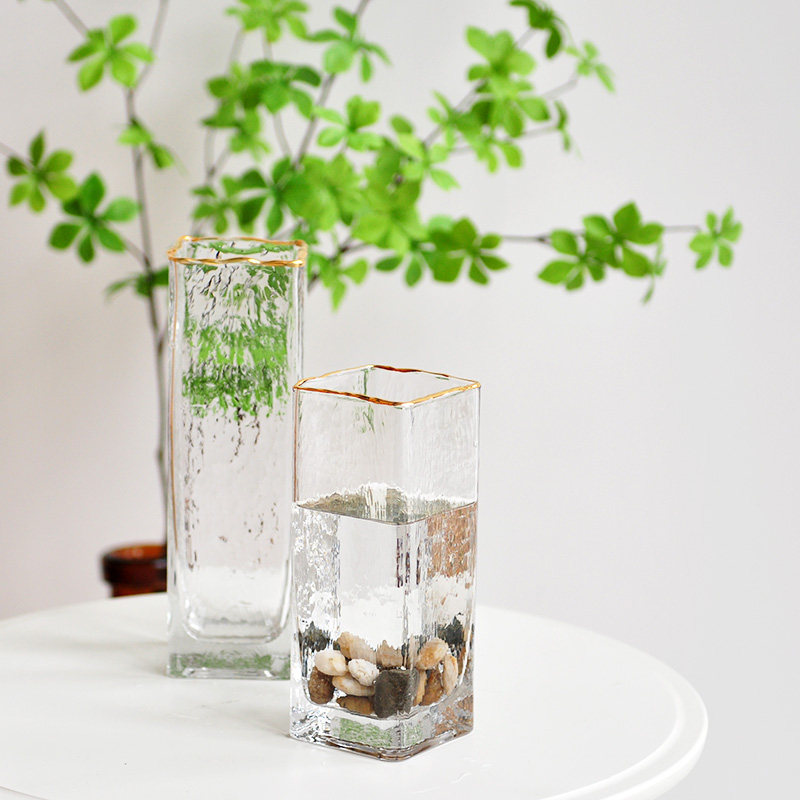 Jiusi Square Mouth Hydroponic Glass Vase Hammer Pattern Gold Flower Ware Simple Modern Table Decoration D304