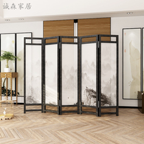 New Chinese hollow semi-transparent Georgette mobile folding screen solid wood porch ink flowers and birds folding screen partition