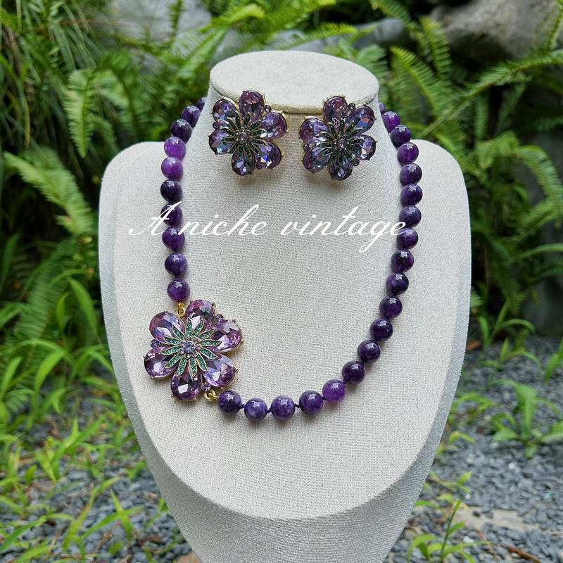 Vintage Palace-Style Light Luxury Retro Purple Natural Stone Amethyst Flower Necklace and Earring Set for Women