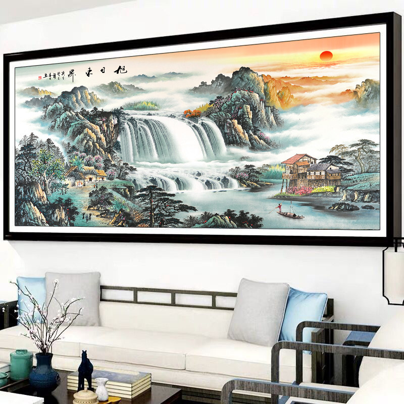 2020 New Line Embroidery Sun East Ascending Cross Embroidered Living Room Sharp Landscape Painting Flowing Water Raw Money Oneself Embroidered