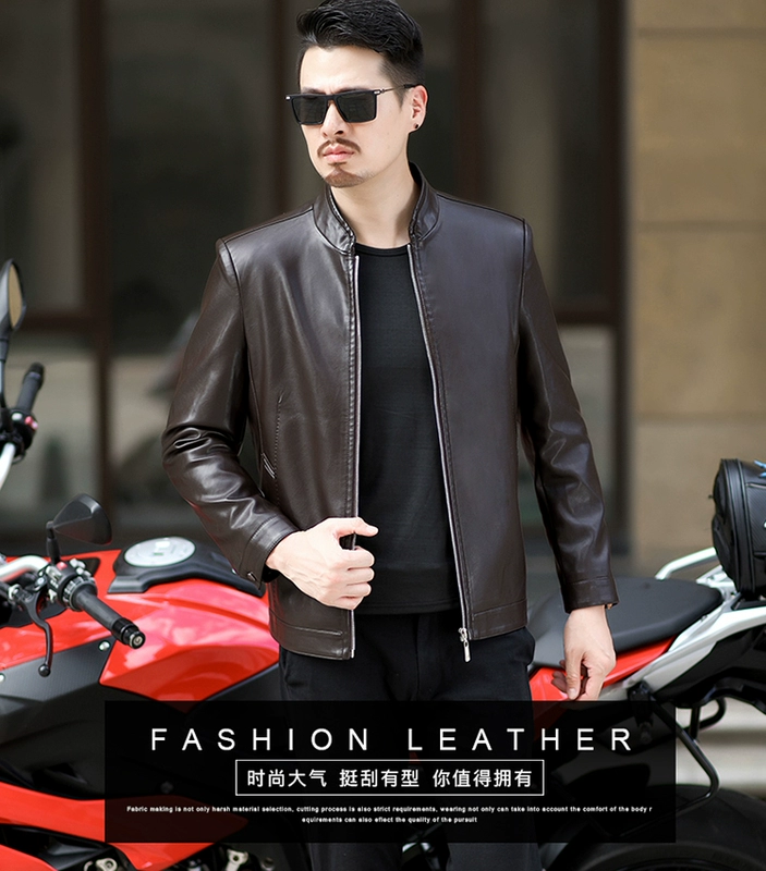 New Playboy leather nam Phiên bản Hàn Quốc của cổ áo da nam trung niên áo khoác mỏng mùa thu và quần áo mùa đông áo cardigan nam