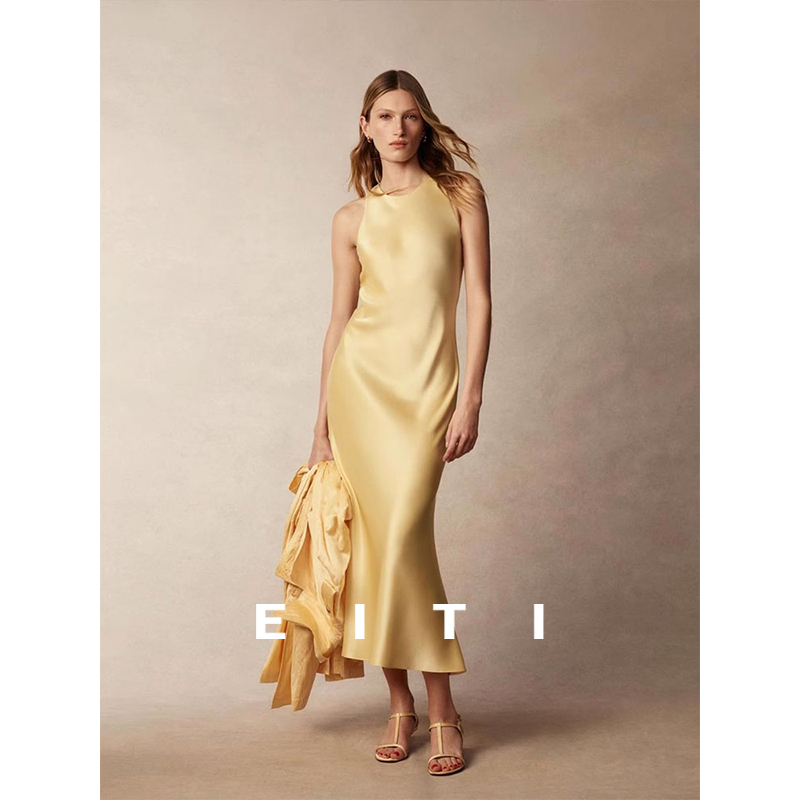 Heavy Drape Triacetate Dress, Bias-Cut Halter Neck Dress, Silk Satin Women's Summer Dress, Slim-Fit Long Dress