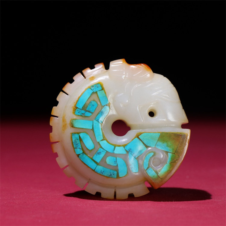 時代物 和田玉 高古玉彫り 嵌緑松石神獣紋 鳥銘文杯」極細工 擺件 古賞 