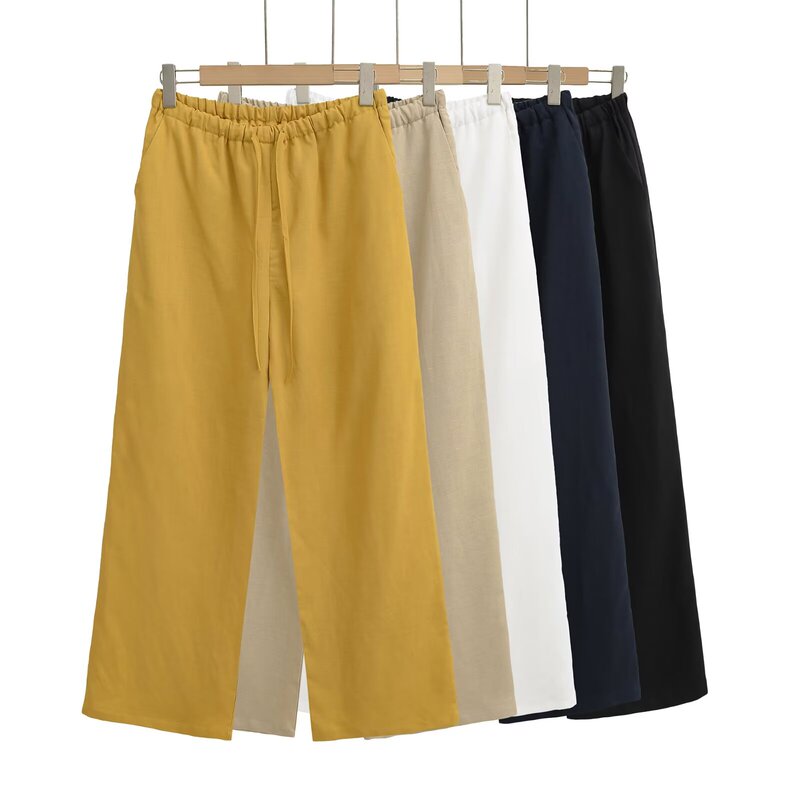 Solid Color Casual Pants for Women, Linen Drawstring Elastic Waist Straight-Leg Pants, High-Waisted, Leg-Lengthening, Wide-Leg Pants, Versatile Sports Long Pants