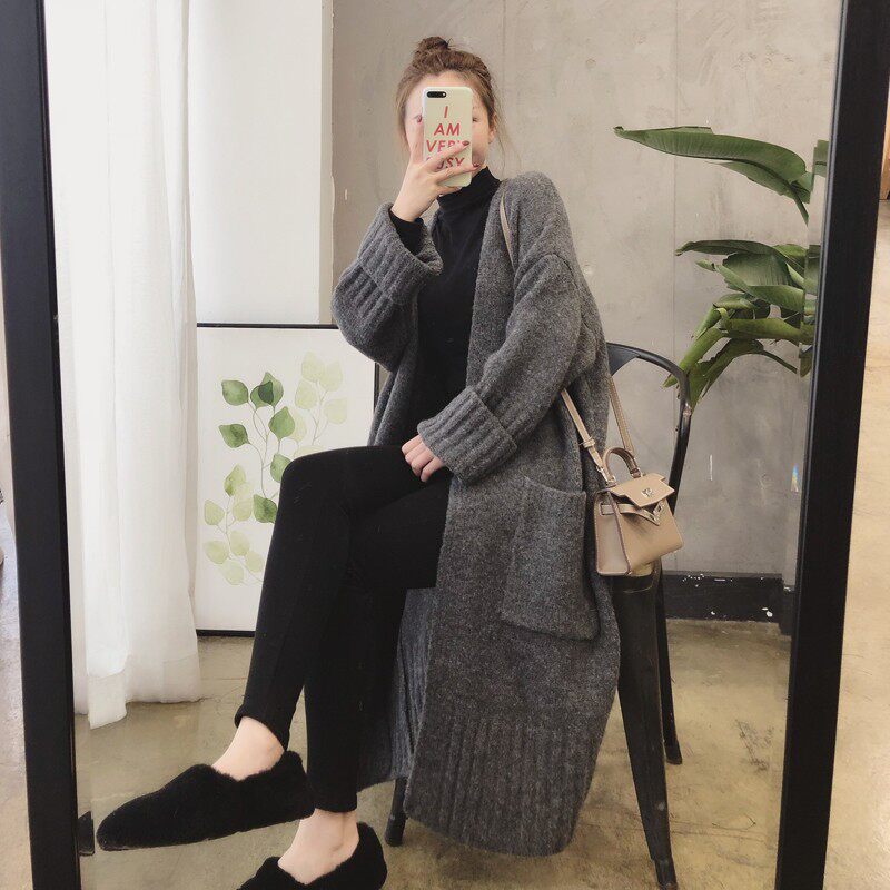 Long version over-the-knee cardigan sweater women's thickening 2021 spring and autumn new Korean version loose and lazy style all-match knitted jacket