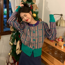 Thousands Birds Grit Sweater Womens Autumn Winter 2021 New Retro Design Sense Collage Loose short outside wearing long sleeves Knitted Cardigan