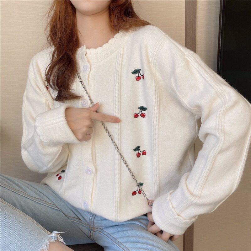 White gentle wind and sweet cherry knitted cardigan top women's early autumn all-match loose soft waxy long-sleeved sweater coat