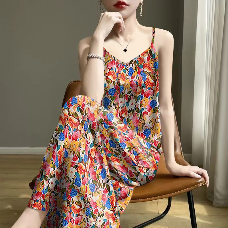 Printed Versatile Slimming Summer High-End Women's Camisole 2025 Inner Wear V-Neck Sleeveless Loose Dress to Cover the Belly