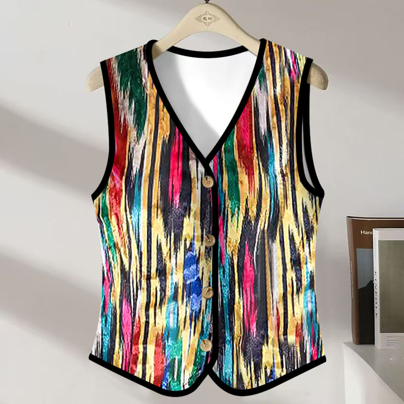 Trendy Button-Up Jacket, Summer Thin Printed Sleeveless Outerwear Vest, Slim Fit, Flattering Waistcoat, Stylish Cardigan Vest