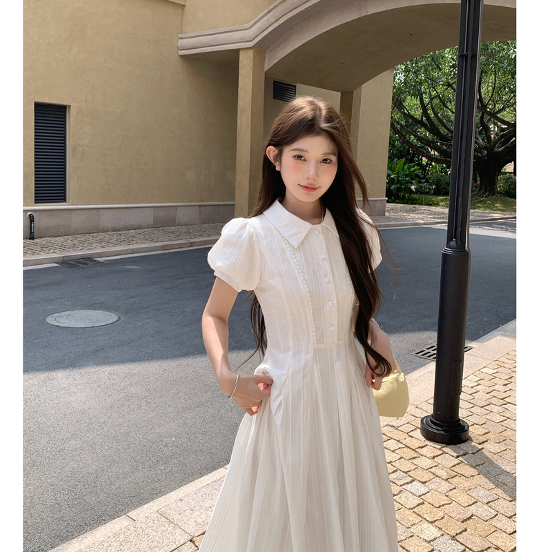 College Style Lapel Short-Sleeved White Shirt Long Dress for Women, Gentle and Elegant, Long Waist-Cinching White Moonlight Dress