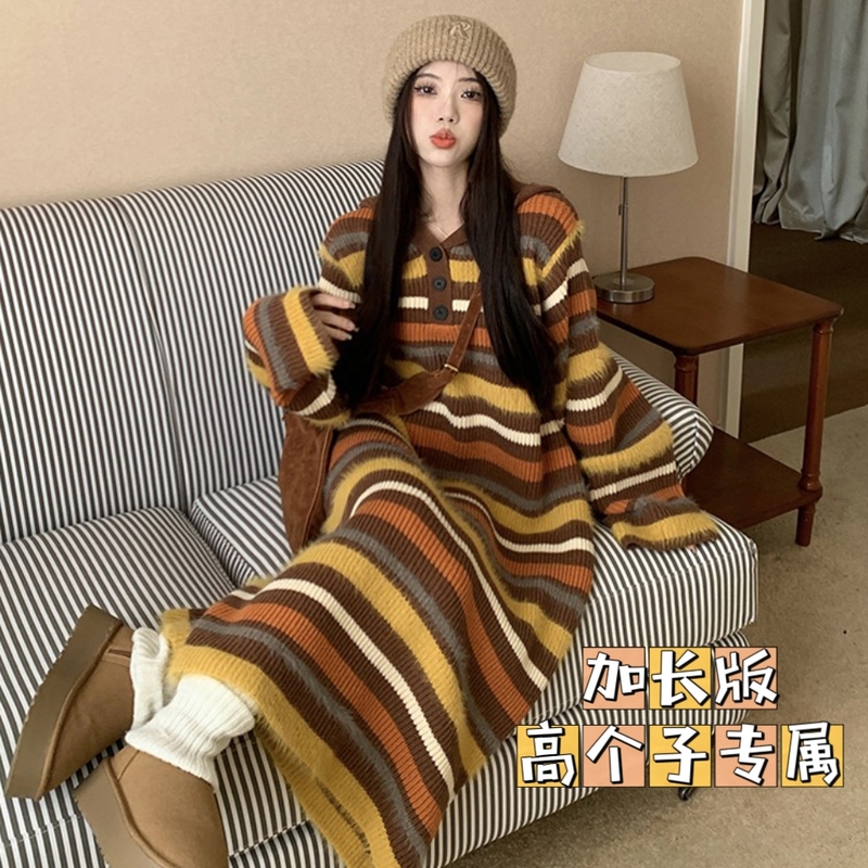 Color-Block Striped Hooded Knit Dress for Women, Lazy Style, Tall, Extra-Long Straight-Cut Inner Layer, Thick Sweater Long Dress Color-Block Striped Hooded Knit Dress for Women, Lazy Style, Tall, Extra-Long Straight-Cut Inner Layer, Thick Sweater Long Dress