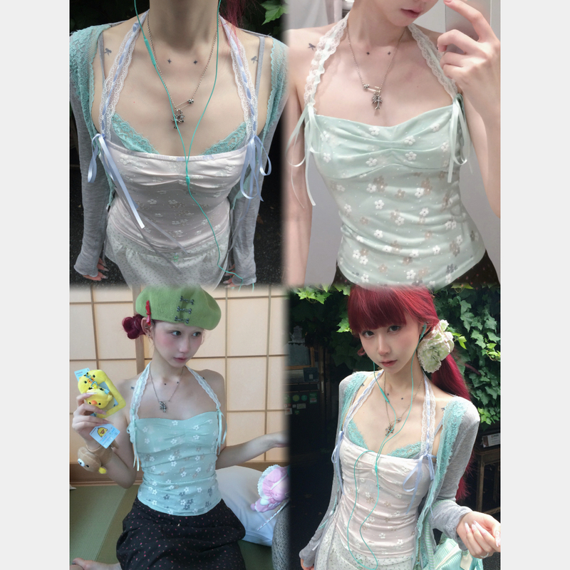 Gaki Oyo Original Spring and Summer Floral Dreamcore Girly Lace Tie-Up Tube Top Spaghetti Strap Light Green/Light Vine Pink Gaki Oyo Original Spring and Summer Floral Dreamcore Girly Lace Tie-Up Tube Top Spaghetti Strap Light Green/Light Vine Pink