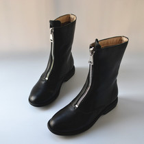 Slim and fashionable front zipper mid-tube boots womens all-match casual real cowhide womens cotton boots foreign trade original single plus plush shoes