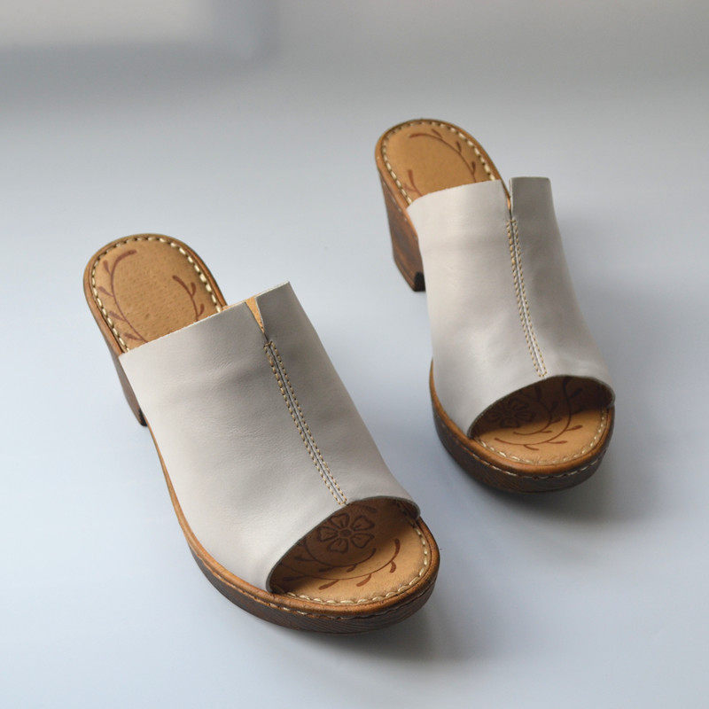 Foreign trade women's shoes genuine leather original single high-heeled wedge sandals fish mouth casual full leather export tail goods retro leather slippers