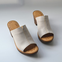 Foreign trade womens shoes leather original single high-heeled wedge-heeled sandals fish mouth leisure full leather export tail goods retro cowhide slippers
