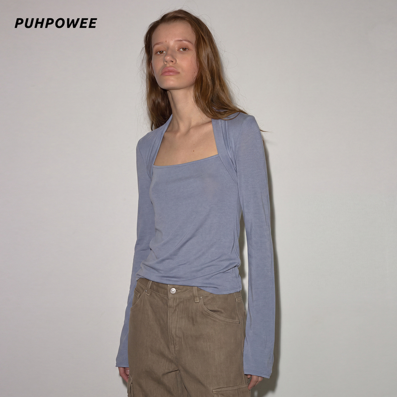 Puhpowee “Lyocell Wool Fabric” Fake Two-Piece Trapezoid Collar Long Sleeve Top Women's Slim Fit Base Shirt