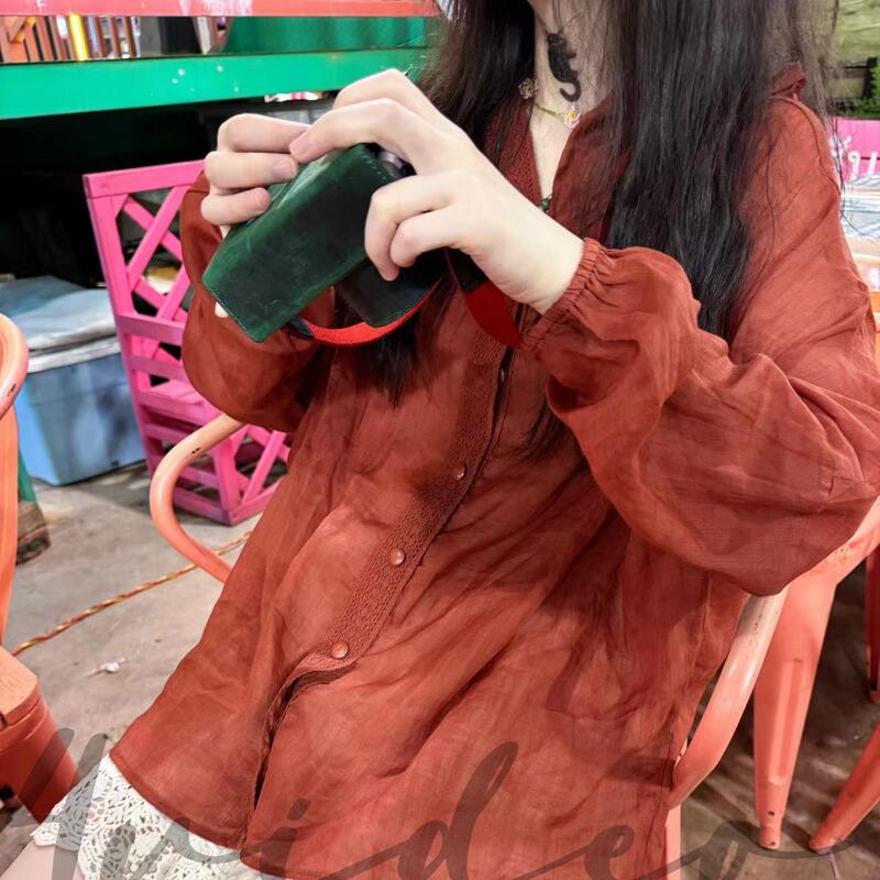 4Video LAOSHU Maroon Embroidered Forest-Style White-Enhancing Hooded Thin Sun-Protective Single-Breasted Versatile Shirt Top