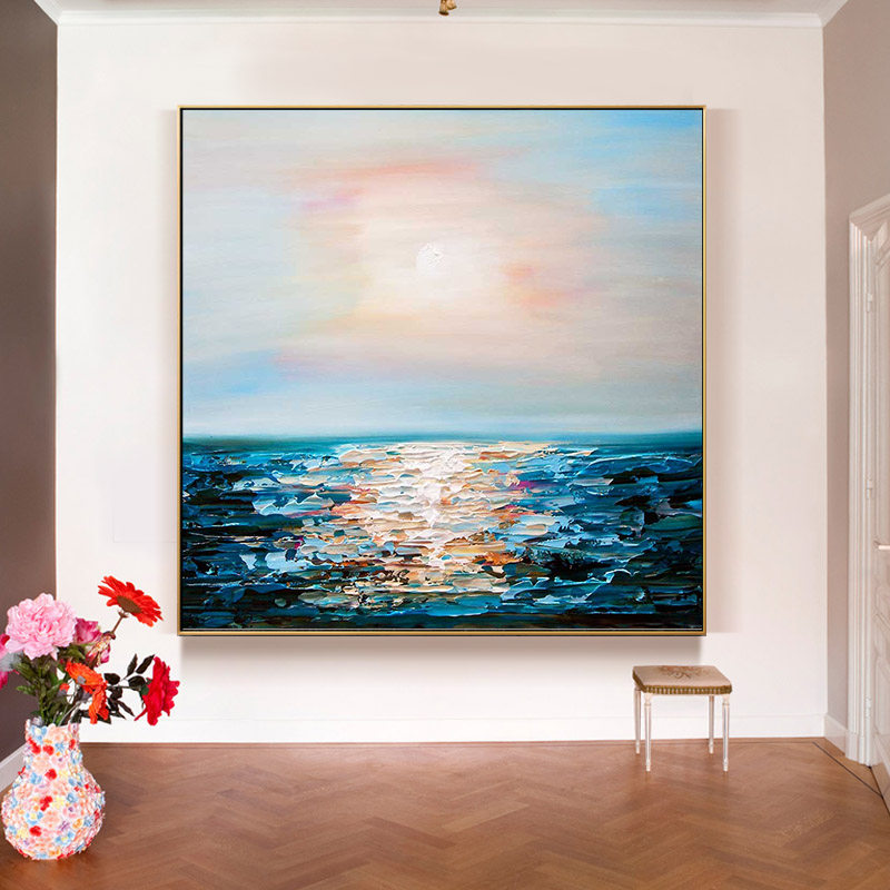 Pure Hand Painted Oil Painting Sea Sunrise Living Room Decoration Painting Sofa Background Wall Hung Painting Horizontal version frescoed Nordic light and luxurious