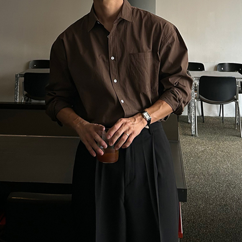 Ssumenam「High Sense of Style, Commuting Style」Coffee-Colored Long-Sleeved Shirt for Men, Summer Lapel Casual Loose Shirt Ssumenam「High Sense of Style, Commuting Style」Coffee-Colored Long-Sleeved Shirt for Men, Summer Lapel Casual Loose Shirt
