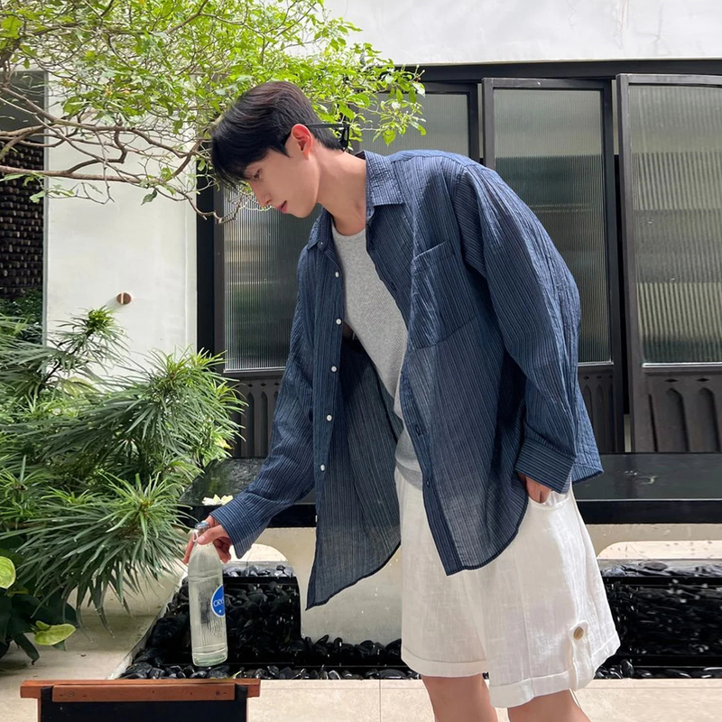 Ssumenam'Beach Vacation Style' Loose-Fitting Shirt, Summer Drapey Niche Thin Shirt, Breathable and Sun-Protective