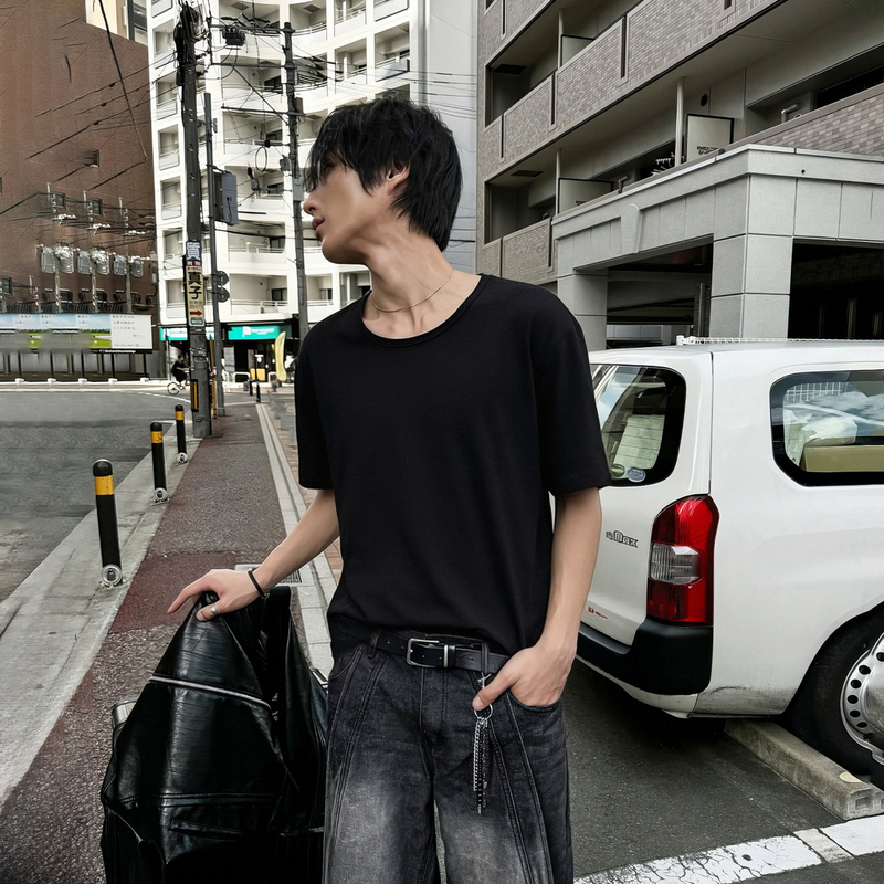 Ssumenam「Minimalism Low-Neck Base Layer」U-Neck Short-Sleeve T-Shirt for Men with a Large Neckline for Layering
