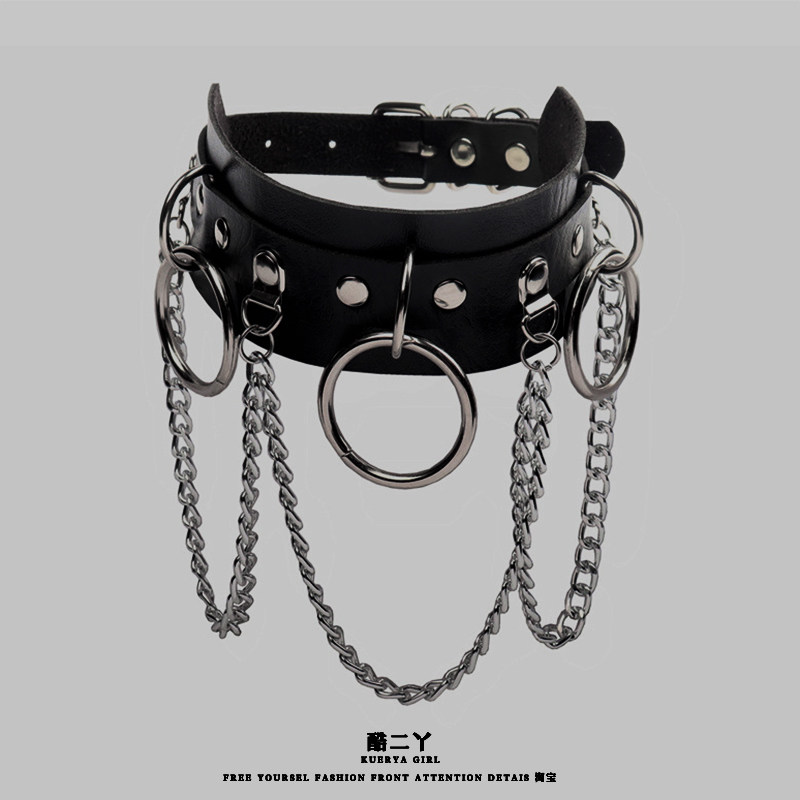 Punk Gothic Chain Necklace Dark Exaggerated Leather Clavicle Chain Hip Hop Y2K Millennial Hot Girl Choker