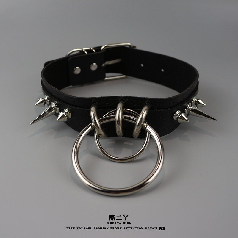 Personalized, exaggerated studded ring choker, punk gothic subculture leather neckband, trendy rock 'n' roll hot girl choker