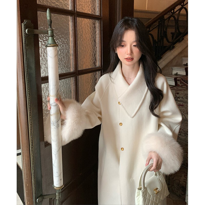 White Fox Fur Double-Sided Woolen Cashmere Coat for Women 2025 Autumn and Winter New Style High-End Lapel Woolen Coat White Fox Fur Double-Sided Woolen Cashmere Coat for Women 2025 Autumn and Winter New Style High-End Lapel Woolen Coat