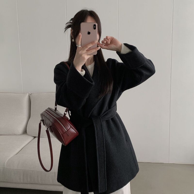 【607】2025 Autumn and Winter New Korean Style Loose-Fitting Slimming Versatile Bathrobe-Style Belted Mid-Length Double-Sided Woolen Coat