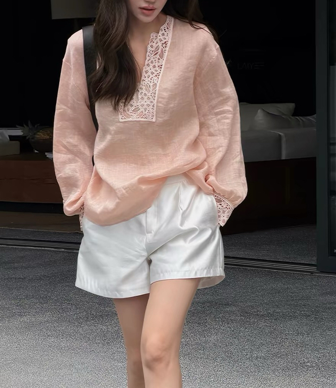 Lihuier Li Hui'Er Refractive Ramie Southern French Lace Light Pink V-Neck Shirt Casual Top for Women Summer