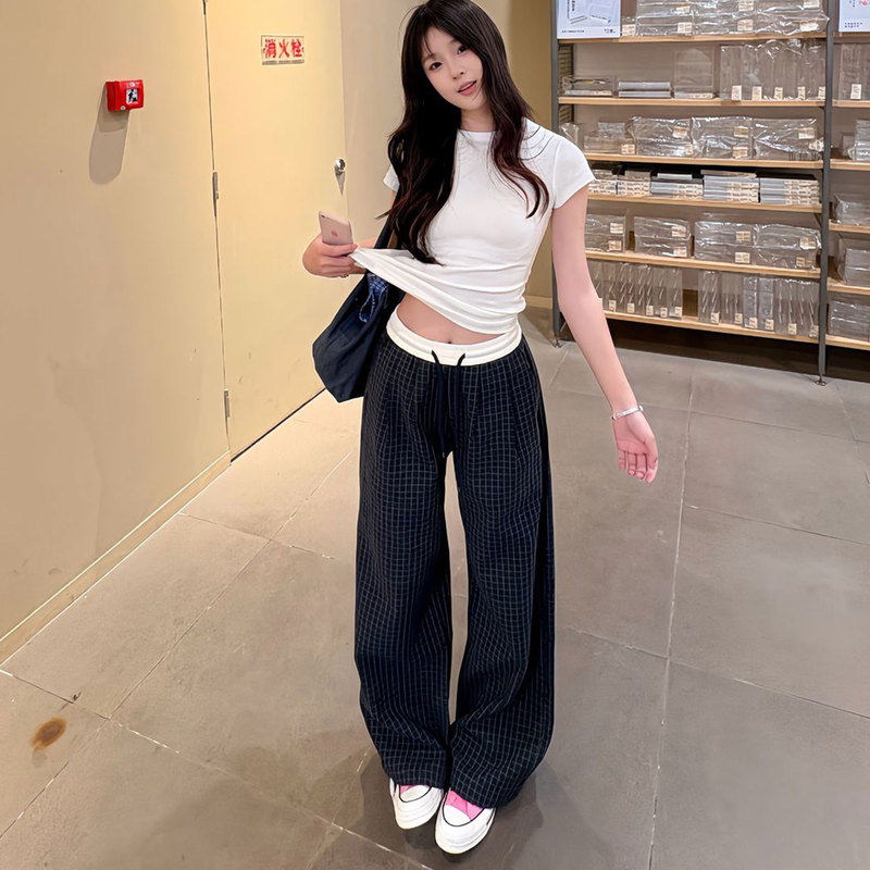 Navy Blue Plaid Casual Pants for Women 2026 Spring New American Retro Low-Waist Drawstring Loose Slimming Wide-Leg Pants