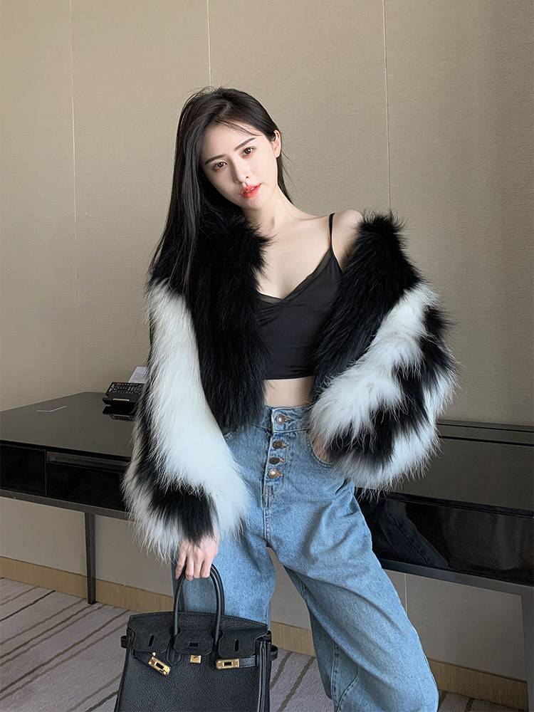 2020 new raccoon hair woven fur coat women's short small casual wind contrast color baseball jacket
