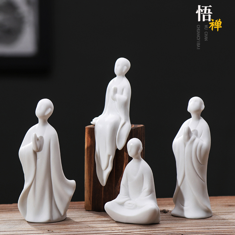Zen-Style White Porcelain Figurine of a Chinese Monk, Tea Ceremony Accessory, Ceramic Formless Buddha, Bonsai Fish Tank Decoration, Home Ornament