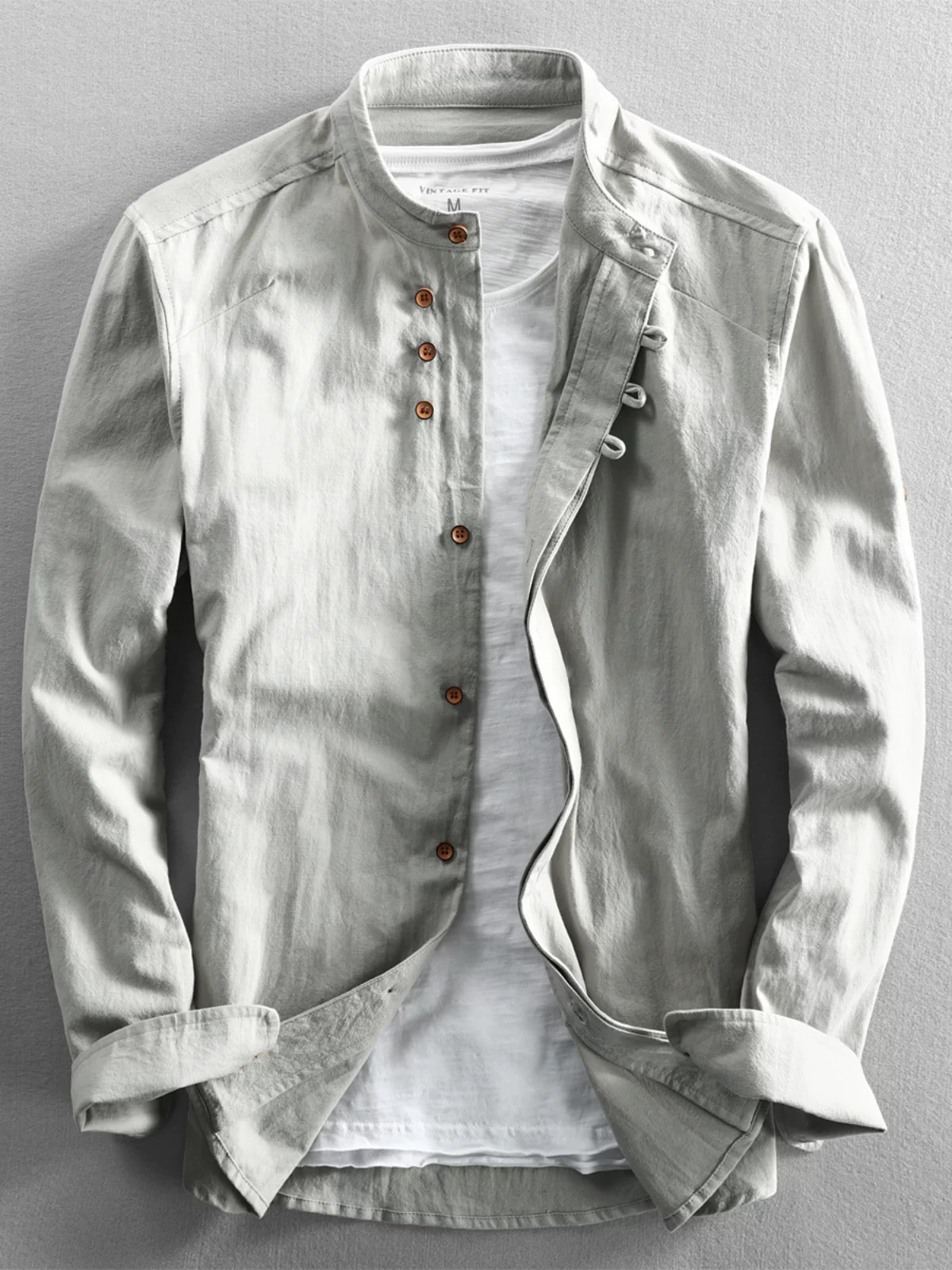 Shirt, long-sleeve with a round collar, spring retro cloth, Chinese style, cotton and linen, with sleeve