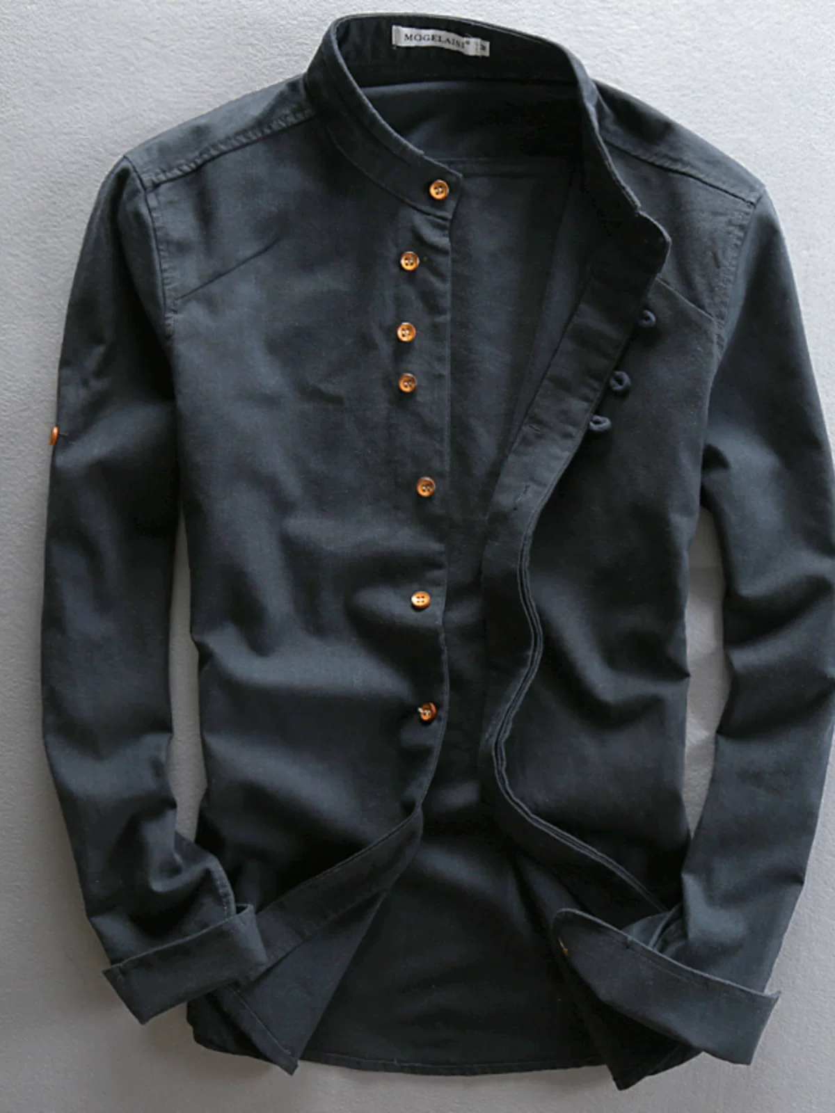 Shirt, long-sleeve with a round collar, spring retro cloth, Chinese style, cotton and linen, with sleeve