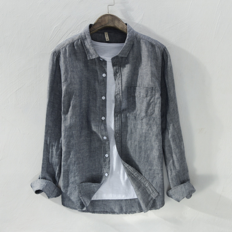 Japanese Retro Long-Sleeved Linen Shirt for Men, Casual Yarn-Dyed Youth Beach Vacation Thin Loose Cotton-Linen Shirt