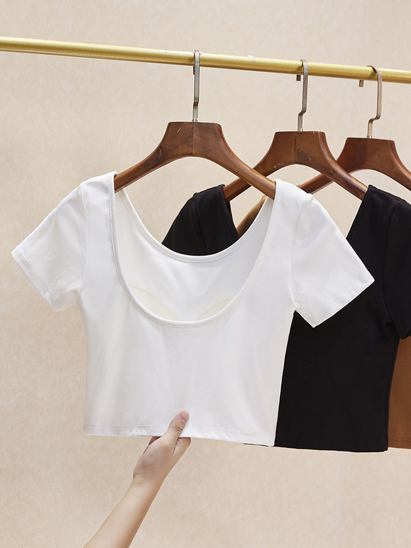 Navel-Baring Short-Sleeved T-Shirt for Women, Summer Short Style, Can Be Worn as an Inner Layer or Outerwear, Integrated Bra with Chest Pads, Top for Sports and Yoga Navel-Baring Short-Sleeved T-Shirt for Women, Summer Short Style, Can Be Worn as an Inner Layer or Outerwear, Integrated Bra with Chest Pads, Top for Sports and Yoga