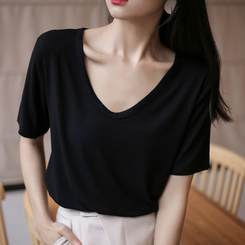Modal Short-Sleeve Black Mask T-Shirt for Women, Summer V-Neck 2026 New Style, Ice Silk Low-Neck Loose Regular Shoulder Top