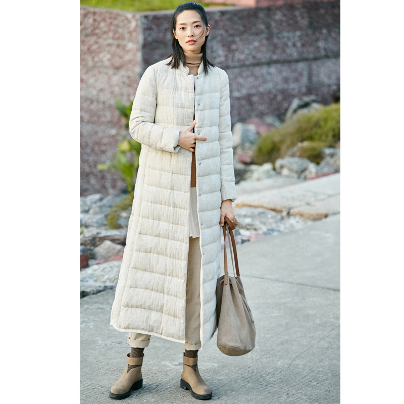 Oriental tối giản mùa đông lanh mới màu ấm 90 trắng nhung vịt đứng dài siêu dài quá đầu gối xuống áo khoác phụ nữ