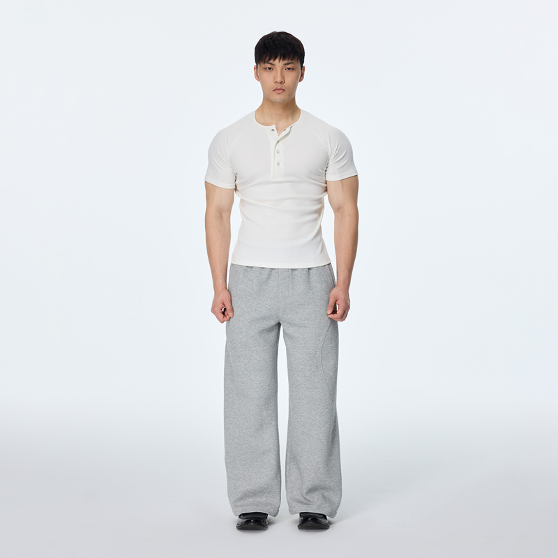 Afterglow Slim Fit Ribbed Fabric Henley Collar Short Sleeve T-Shirt with Cuffed Sleeves, High Elasticity, Suitable for Fitness and Commuting Afterglow Slim Fit Ribbed Fabric Henley Collar Short Sleeve T-Shirt with Cuffed Sleeves, High Elasticity, Suitable for Fitness and Commuting