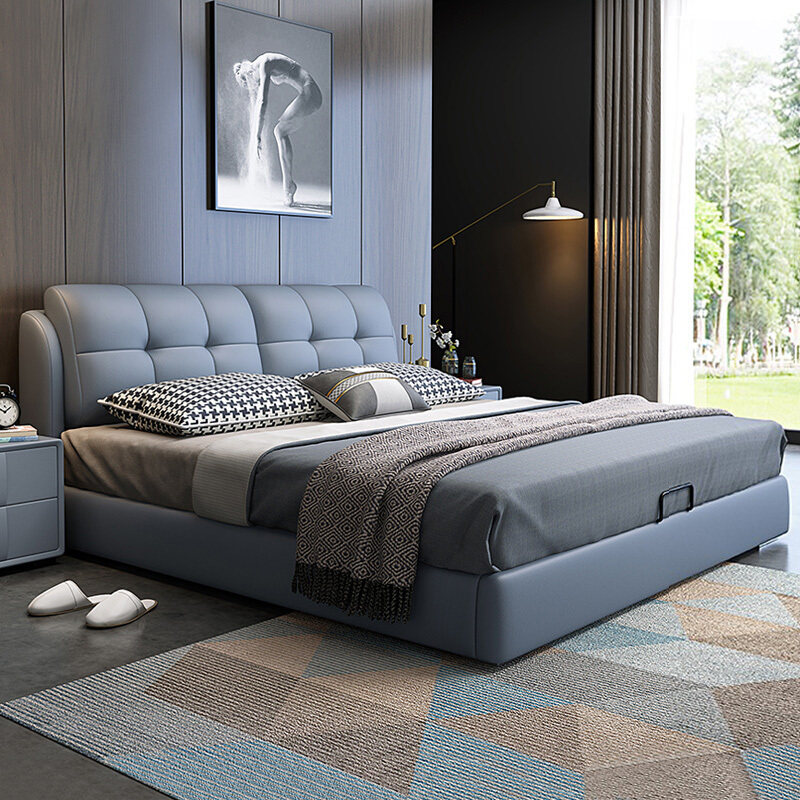 Nordic light luxury leather bed Italian minimalist double bed 1 8 meters master bedroom wedding bed Small apartment Modern simple leather bed