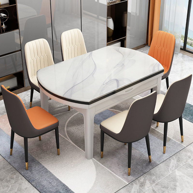 Light luxury rock slab dining table and chair combination modern minimalist marble telescopic folding solid wood round dining table home small apartment