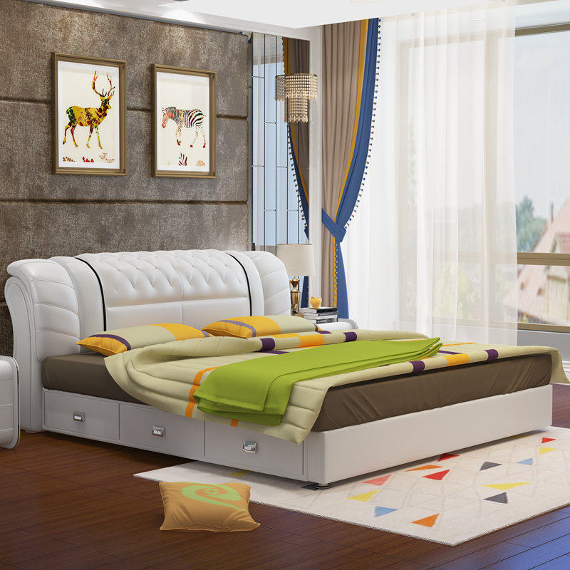 Leather bed Nordic wedding bed modern minimalist master bedroom upholstered bed 1 8 meters double bed 1 5 meters small apartment leather art bed