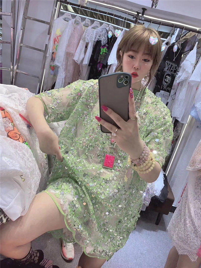 European Store 2020 new fashion heavy industry bright hollow perspective Korean edition loose middle - long version short - sleeved T - shirt woman