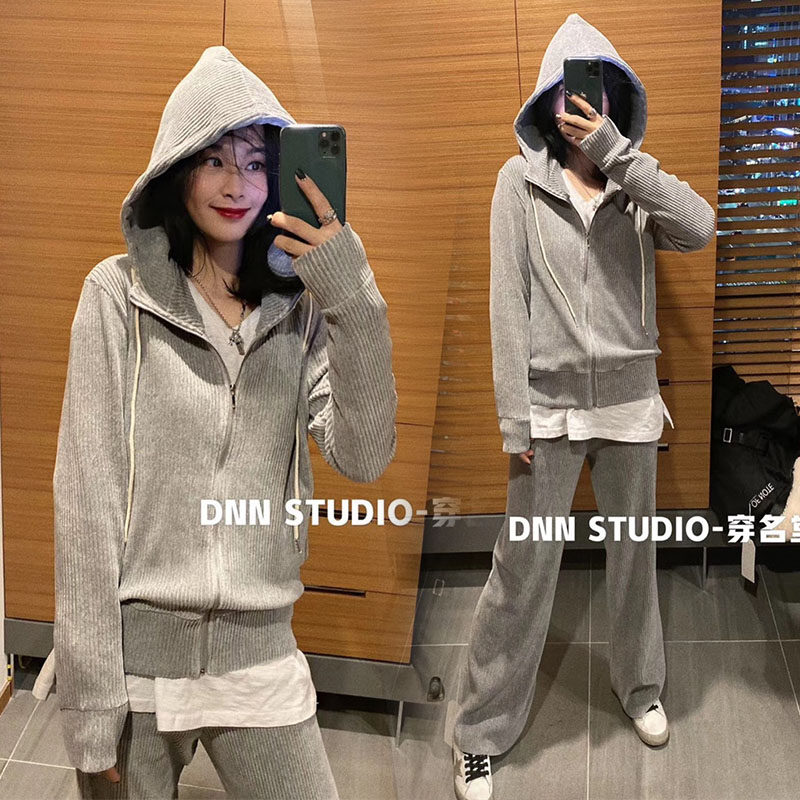 European station 2020 spring and autumn new net red hooded sweatshirt jacket corduroy wide-leg pants casual sports suit women