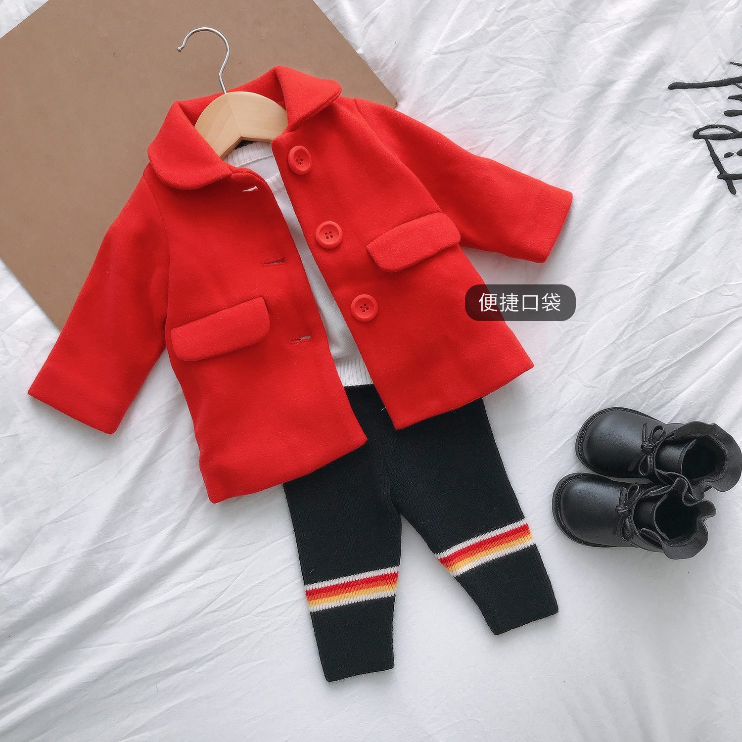 Baby girl New Year's tweed coat plus velvet baby New Year's clothing coat