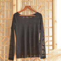 (Original design of Guan Guan Qing) Mesh round neck bottoming shirt double-layer yarn slightly transparent